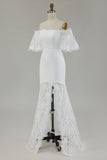 White Off the Shoulder Lace Mermaid Boho Maxi Wedding Dress with Slit