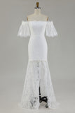 White Off the Shoulder Lace Mermaid Boho Maxi Wedding Dress with Slit