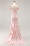 Pink Off the Shoulder Mermaid Long Prom Dress with Appliques