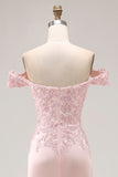 Pink Off the Shoulder Mermaid Long Prom Dress with Appliques