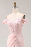 Pink Off the Shoulder Mermaid Long Prom Dress with Appliques
