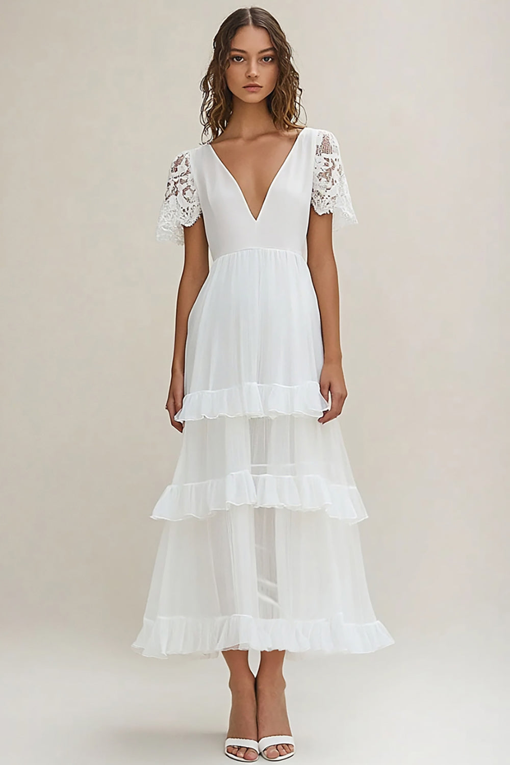 White Chiffon Long Rehearsal Dinner Dress with Lace Sleeves