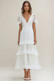 White Chiffon Long Rehearsal Dinner Dress with Lace Sleeves