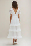 White Chiffon Long Rehearsal Dinner Dress with Lace Sleeves