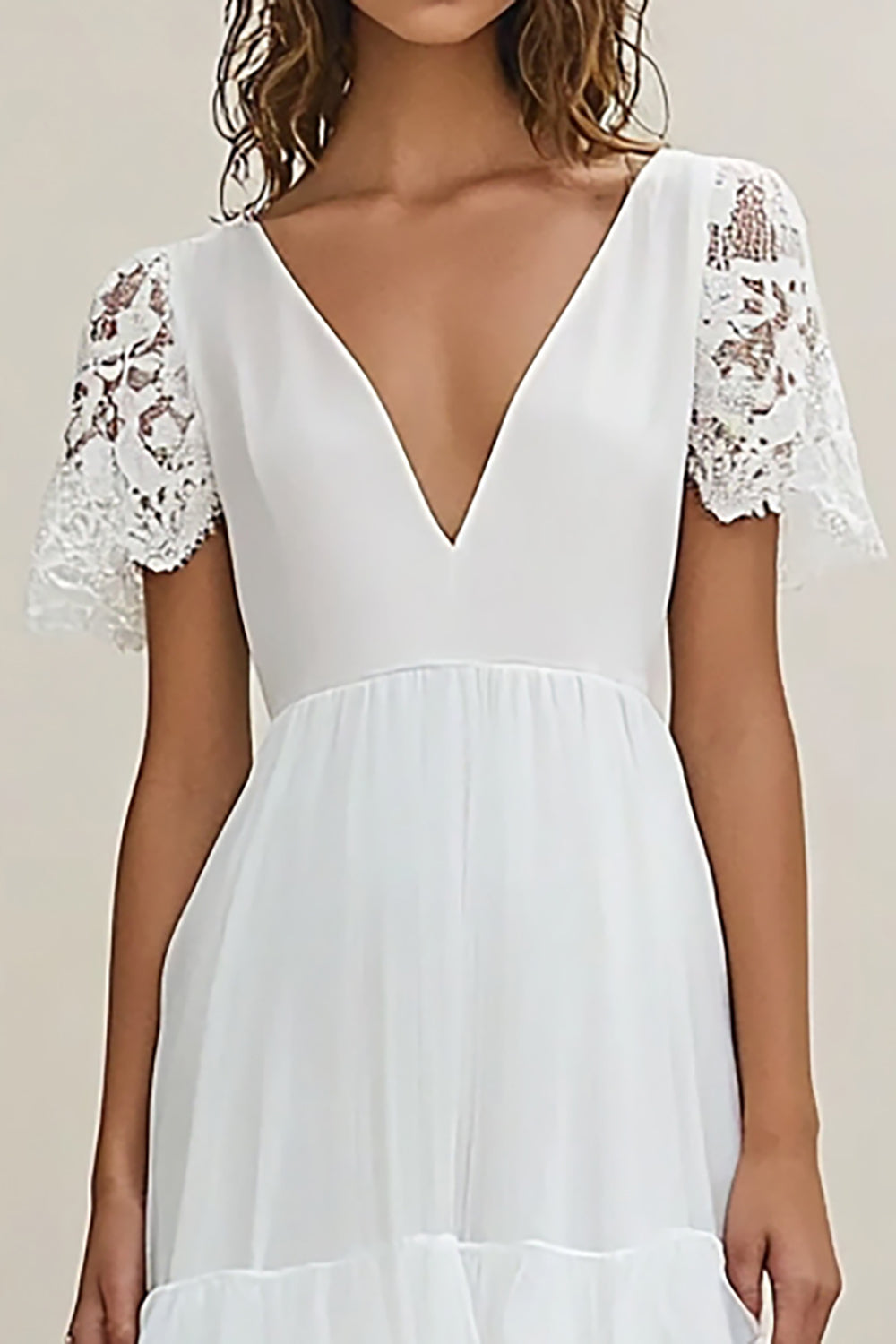 White Chiffon Long Rehearsal Dinner Dress with Lace Sleeves