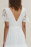 White Chiffon Long Rehearsal Dinner Dress with Lace Sleeves