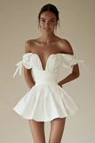 Off the Shoulder Ruched A Line Mini Pleated Little White Dress