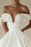 Off the Shoulder Ruched A Line Mini Pleated Little White Dress