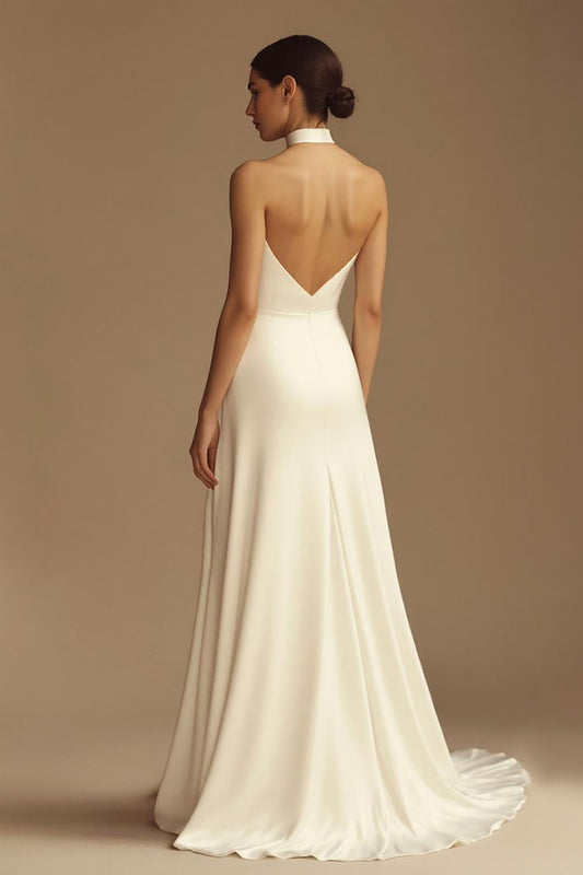 A Line White Satin Keyhole Long Rehearsal Dinner Dress
