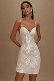 Sparkly Sequins A Line Spaghetti Straps Little White Dress