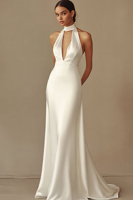 Sheath White Satin Long Rehearsal Dinner Dress Halter Backless Sleeveless Engagement Dress