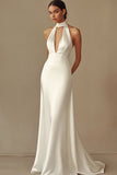 Sheath White Satin Long Rehearsal Dinner Dress Halter Backless Sleeveless Engagement Dress