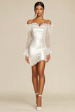 Off the Shoulder Sheath Short Little White Dress with Lace Sleeves