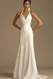 White Halter A Line Satin Long V-Neck Rehearsal Dinner Dress