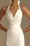 White Halter A Line Satin Long V-Neck Rehearsal Dinner Dress