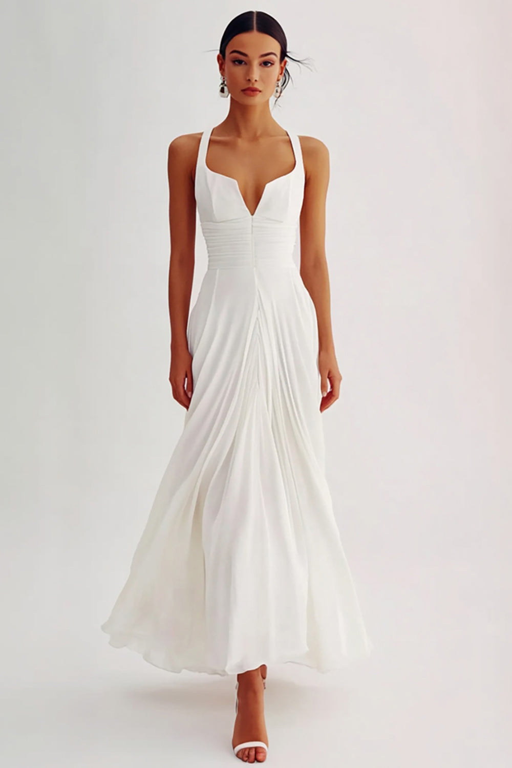 ZAPAKASA Women A Line White Chiffon Long Rehearsal Dinner Dress Pleated