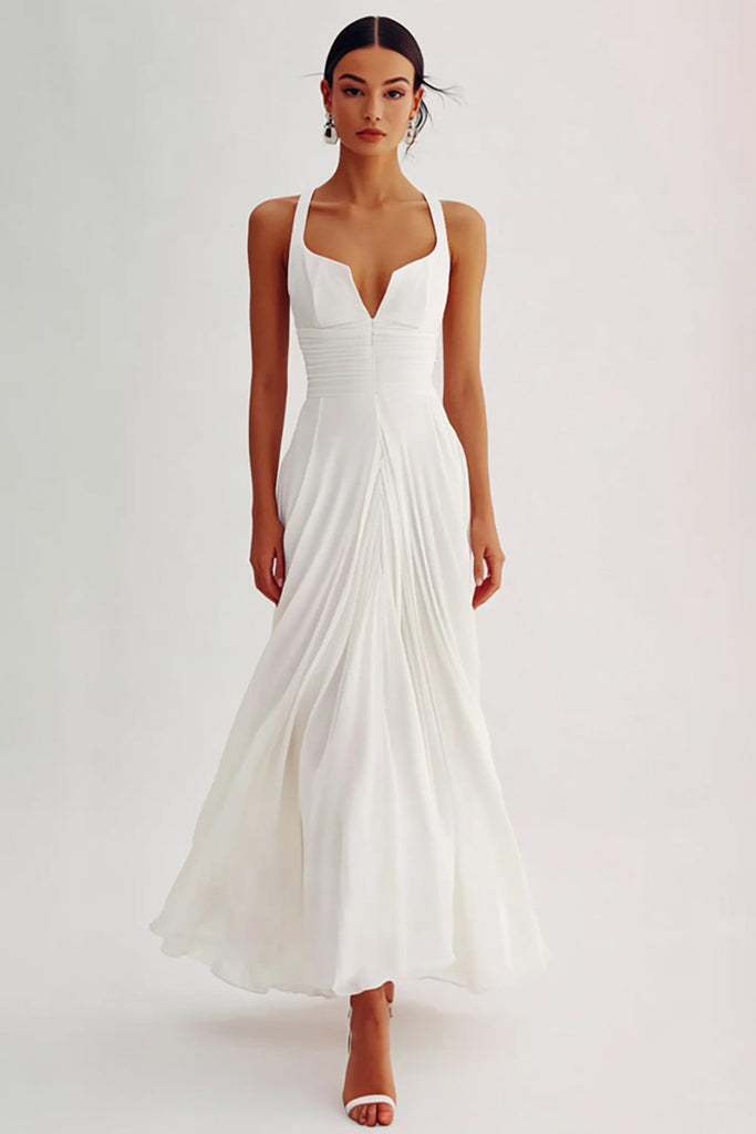 ZAPAKASA Women A Line White Chiffon Long Rehearsal Dinner Dress Pleated