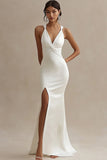 White Satin Mermaid Long Ruched Rehearsal Dinner Dress with Slit