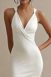 White Satin Mermaid Long Ruched Rehearsal Dinner Dress with Slit