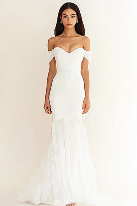 White Off the Shoulder Mermaid Long Rehearsal Dinner Dress