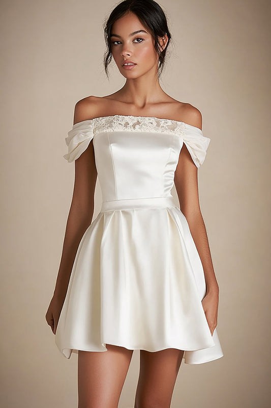 Off the Shoulder Satin A Line Mini Little White Dress