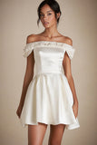 Off the Shoulder Satin A Line Mini Little White Dress