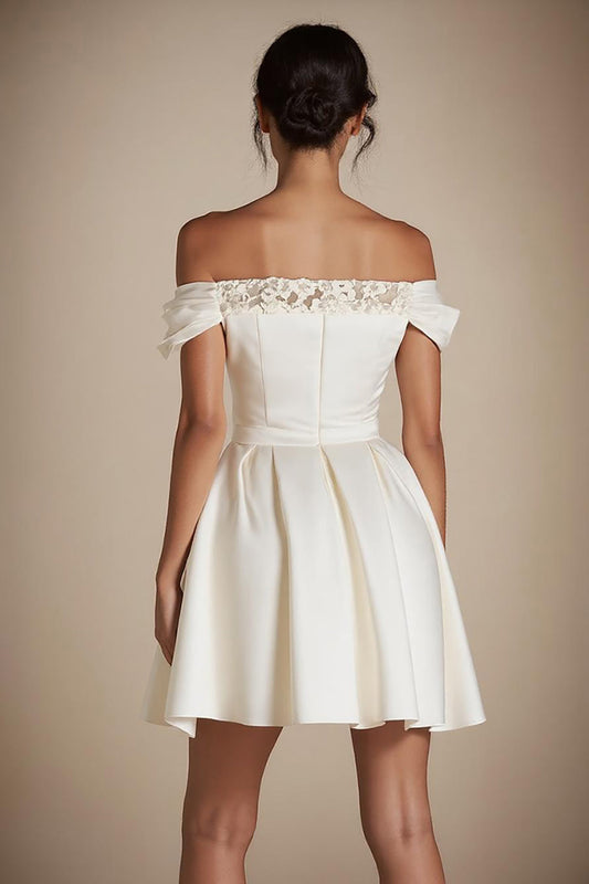 Off the Shoulder Satin A Line Mini Little White Dress