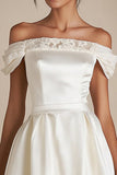 Off the Shoulder Satin A Line Mini Little White Dress