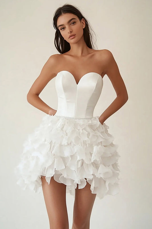 Satin Backless Sweetheart Satin Tiered A Line Little White Dress