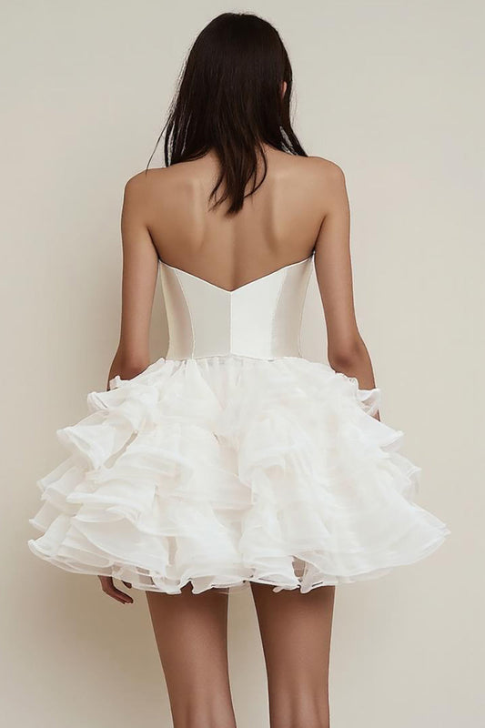 Satin Tiered Strapless A Line Square Neck Little White Dress