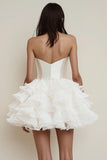 Satin Tiered Strapless A Line Square Neck Little White Dress