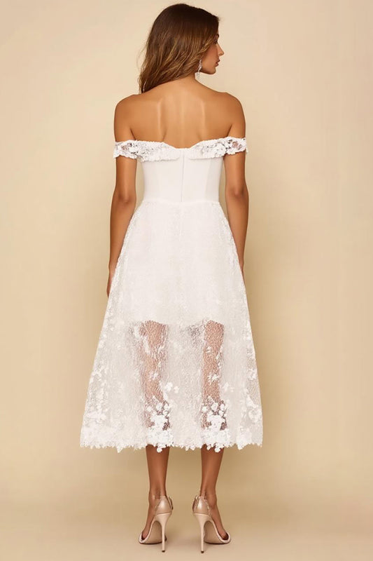 Off the Shoulder White Long A Line Rehearsal Dinner Dress with Lace