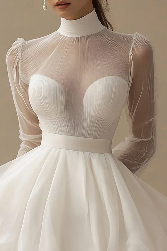 Tulle Tiered Illusion Neck Little White Dress with Long Sleeves