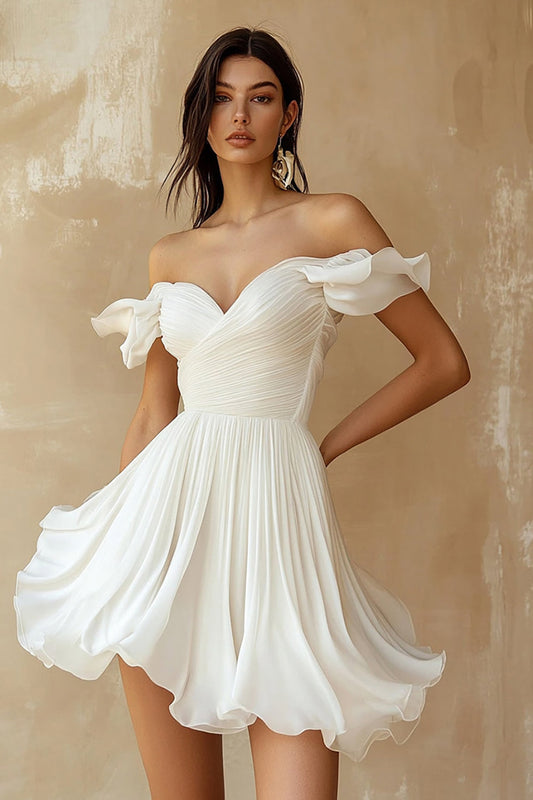 Chiffon Pleated A Line Mini Little White Dress with Ruffles