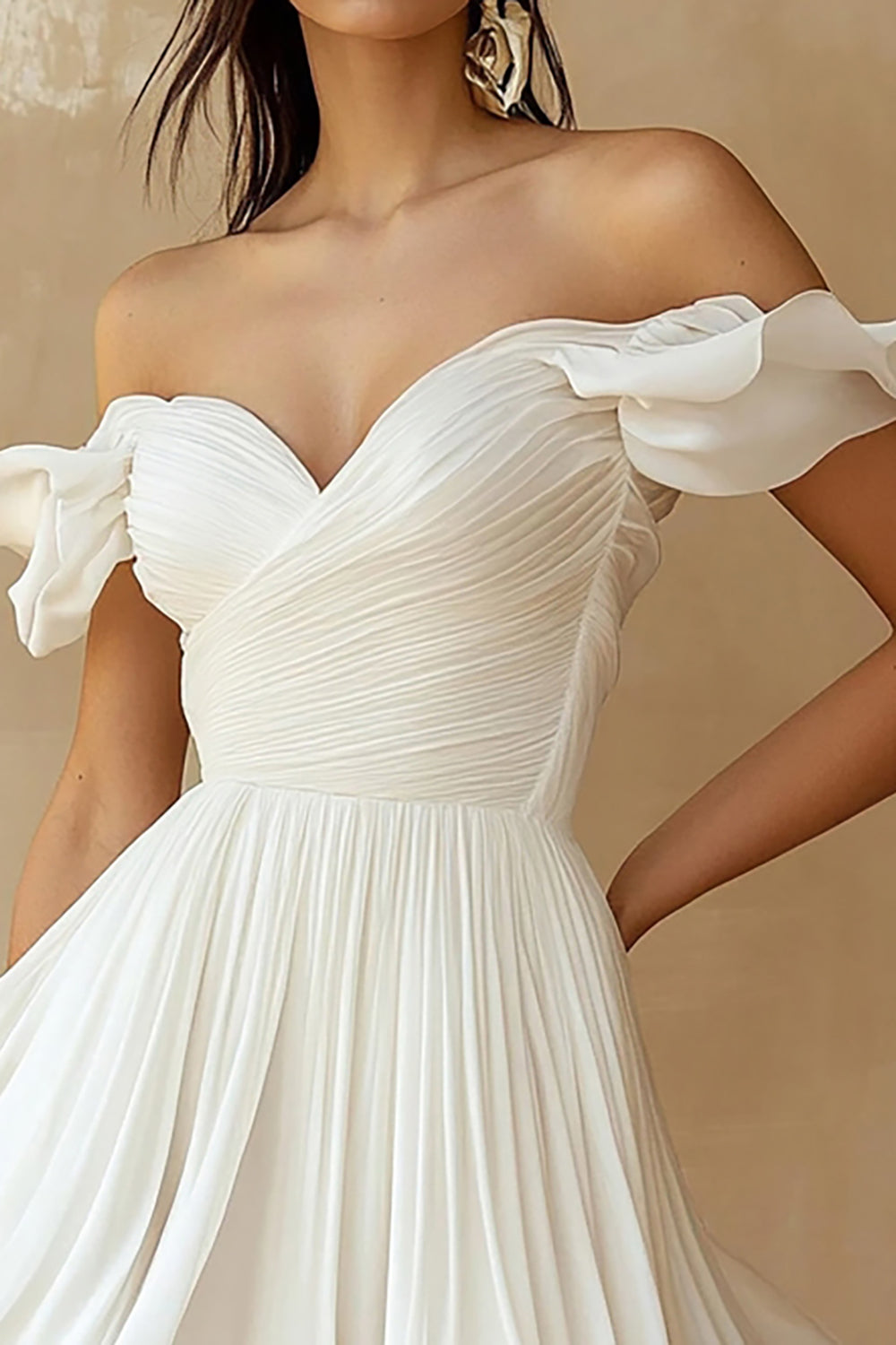 Chiffon Pleated A Line Mini Little White Dress with Ruffles