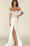 White Corset Off the Shoulder Long Rehearsal Dinner Dress with Slit