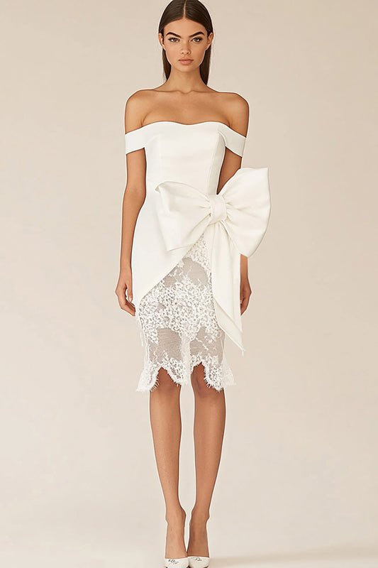 Sheath Satin Lace Short Little White Dress with Bow