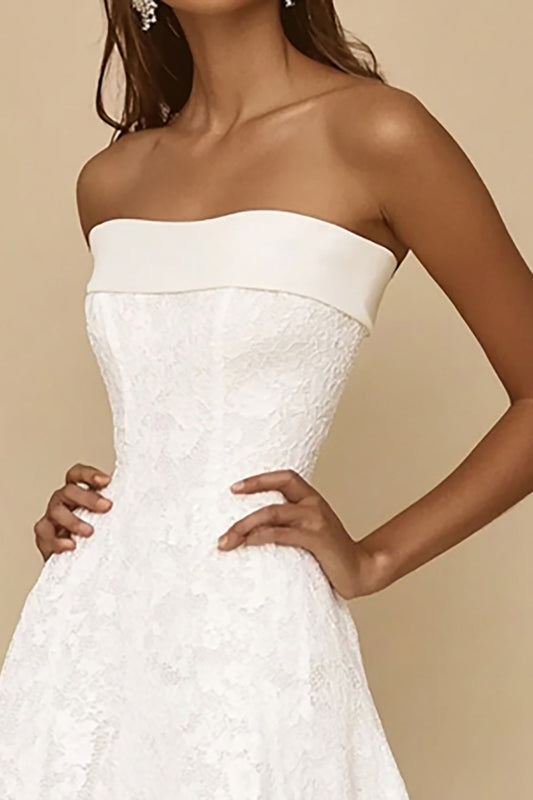 White A Line Lace Long Square Neck Rehearsal Dinner Dress