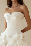 A Line Strapless Tiered Little White Dress with Ruffles