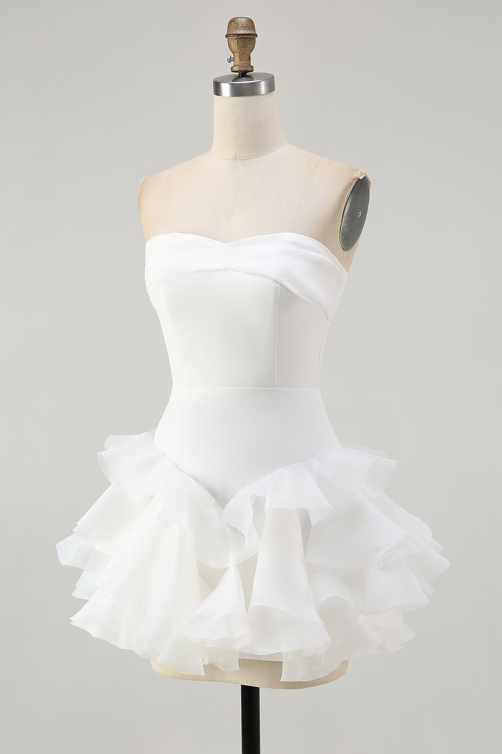 White A Line Tiered Strapless Short Graduation Dress with Ruffles