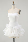 White A Line Tiered Strapless Short Graduation Dress with Ruffles