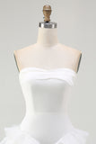 White A Line Tiered Strapless Short Graduation Dress with Ruffles