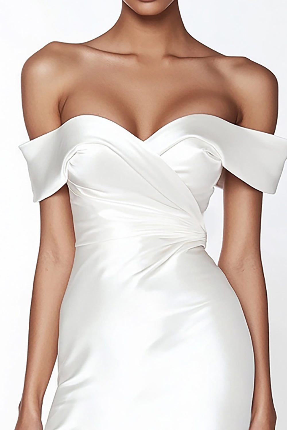 Satin Sweetheart Ruched Off the Shoulder Sheath Little White Dress