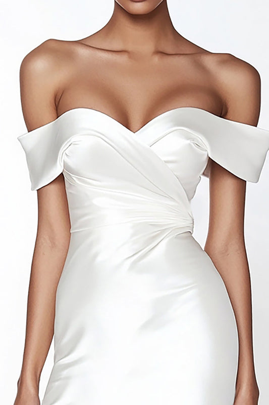 Satin Sweetheart Ruched Off the Shoulder Sheath Little White Dress