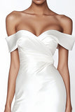 Satin Sweetheart Ruched Off the Shoulder Sheath Little White Dress