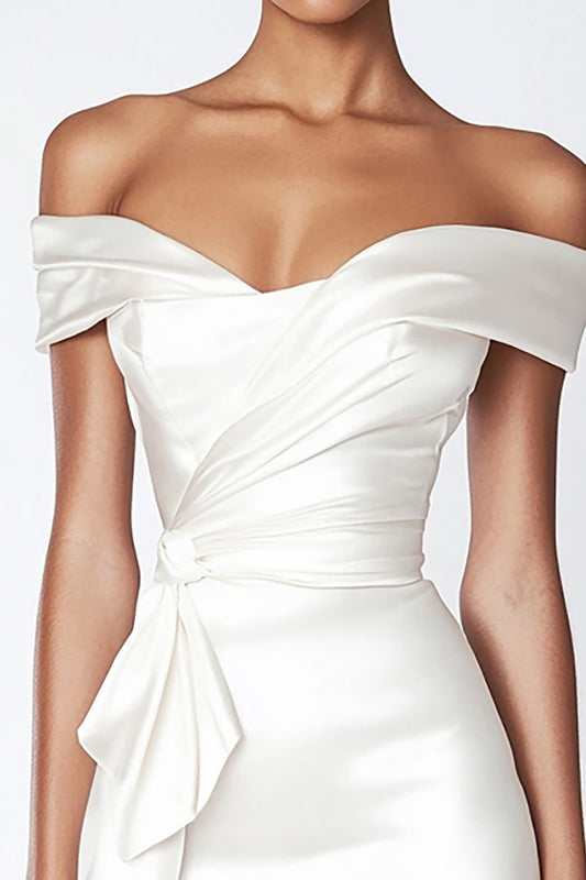 Sheath Satin Off the Shoulder Little White Dress with Ruffles