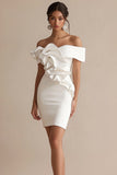 Sheath Ruffled Off the Shoulder Short Little White Dress