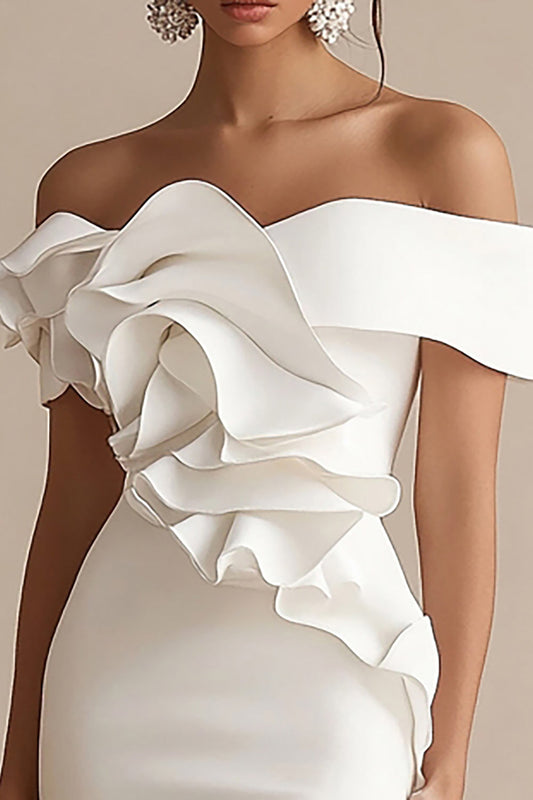 Sheath Ruffled Off the Shoulder Short Little White Dress