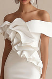 Sheath Ruffled Off the Shoulder Short Little White Dress