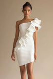 One Shoulder Sheath Bodycon Little White Dress with Ruffles